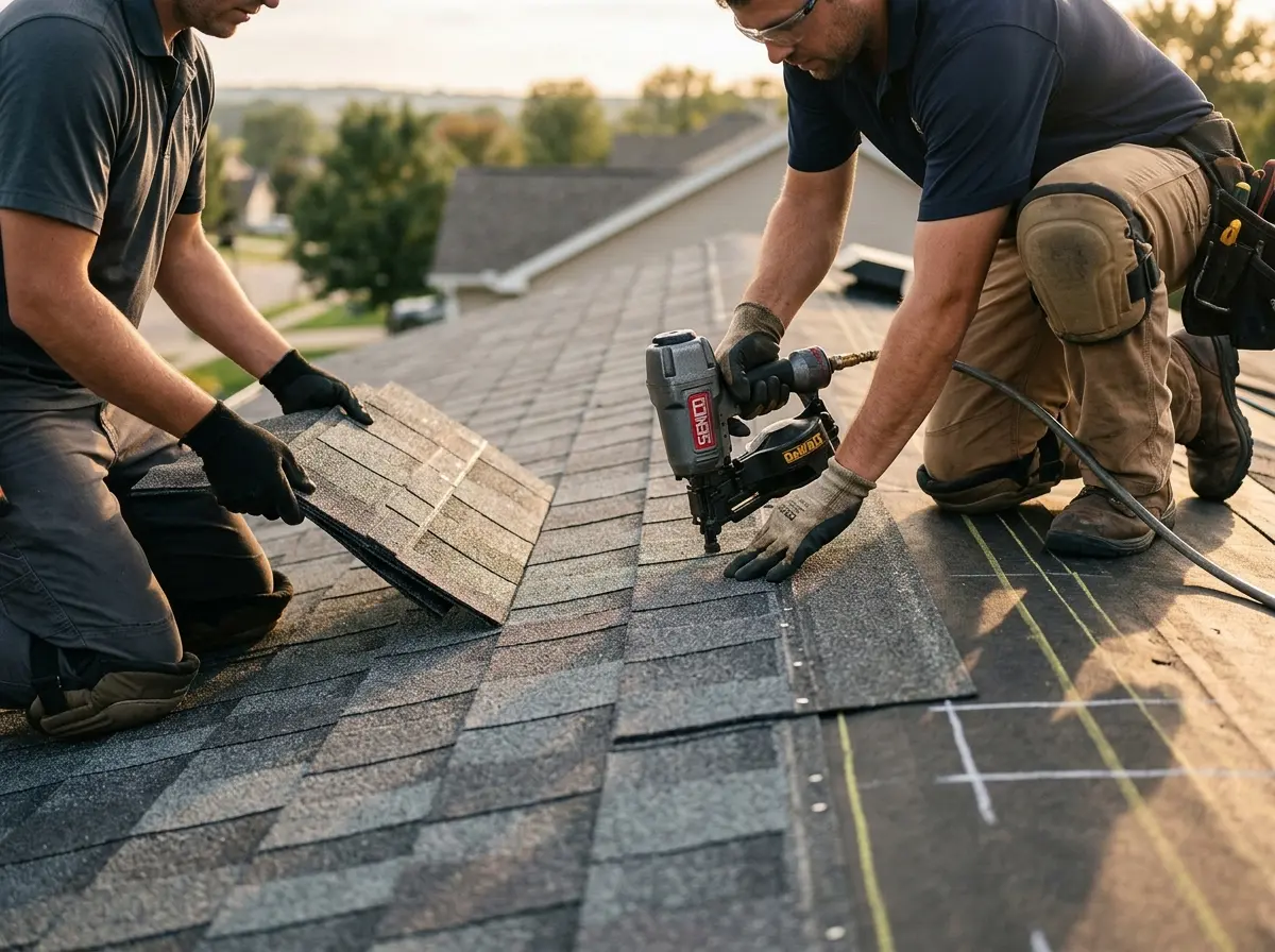 Professional roofer working on a residential roof in Irondequoit